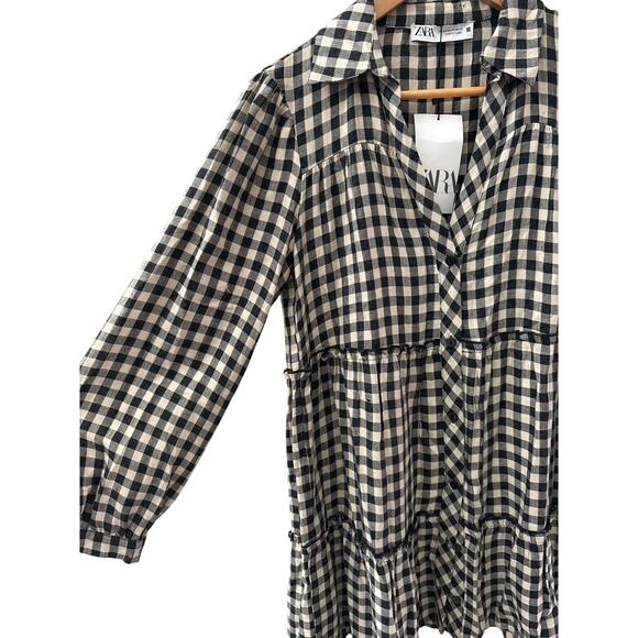 Zara Gingham Plaid Button Front Tier Layered Mini Dress Black Size XS - Picture 5 of 10